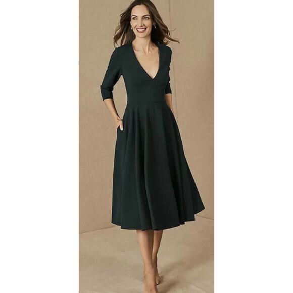 BHLDN Valdis Emerald Green Tea Length Dress Size 0 Bridesmaid Mother Of Bride - Picture 1 of 9